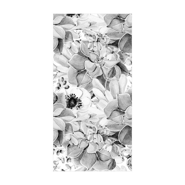 Alfombras blanco y negro Watercolour Succulent With Flower In Black And White