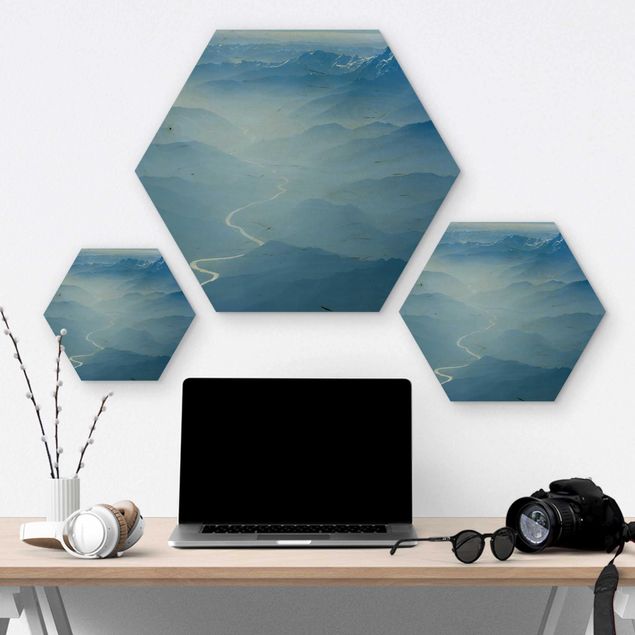 Hexagon Bild Holz - Blick über den Himalaya