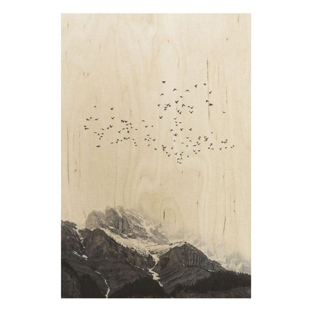 Cuadros de madera paisajes Flock Of Birds In Front Of Mountains Black And White