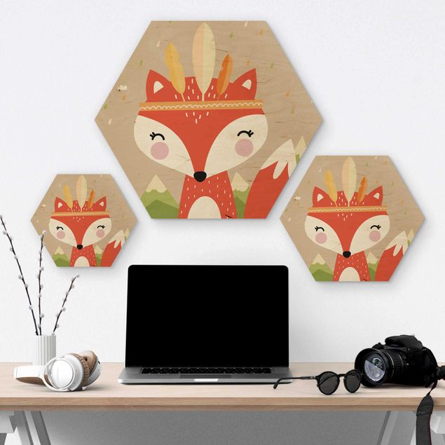 Hexagon Bild Holz - Indianerfuchs