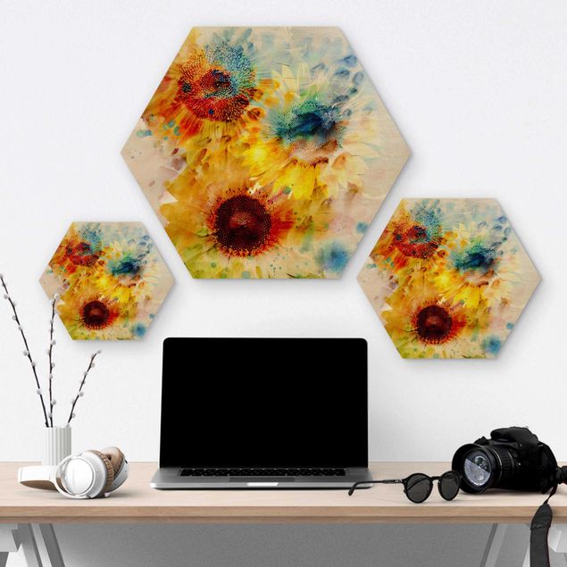 Hexagon Bild Holz - Aquarell Blumen Sonnenblumen