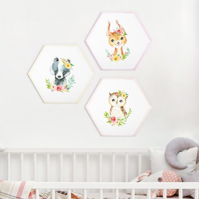 Decoración infantil pared Watercolour Forest Animals With Flowers Set III