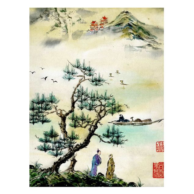 Cuadros de árboles Japanese Watercolour Drawing Pine And Mountain Village