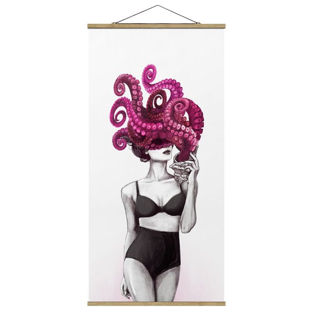 Láminas de cuadros famosos Illustration Woman In Underwear Black And White Octopus