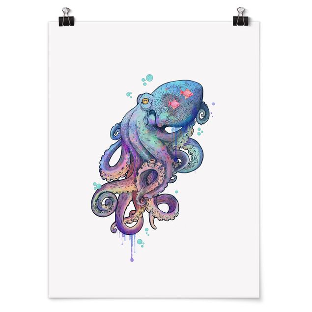 Póster animales Illustration Octopus Violet Turquoise Painting