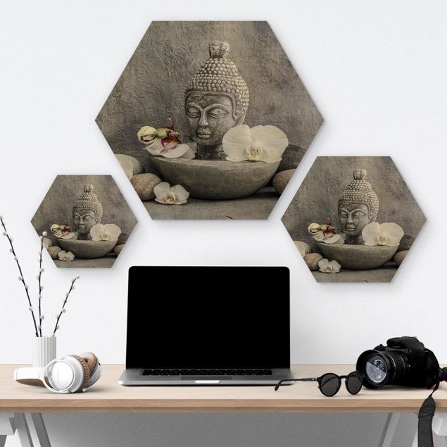 Cuadros hexagonales Zen Buddha, Orchids And Stones