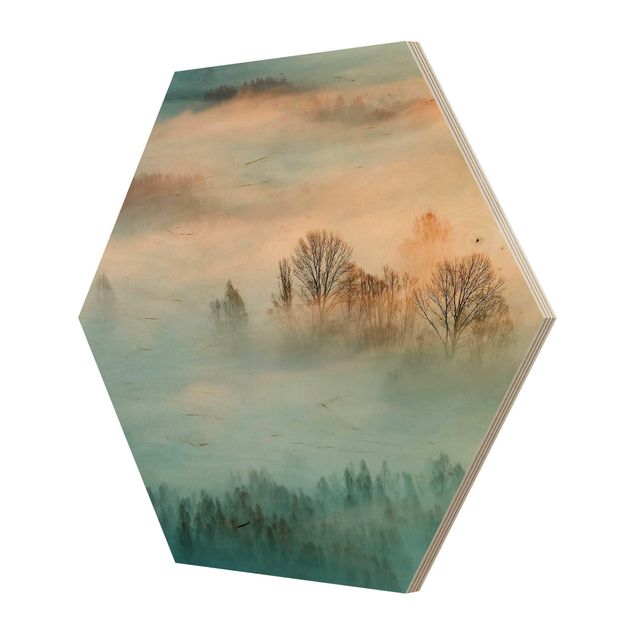 Hexagon Bild Holz - Nebel bei Sonnenaufgang