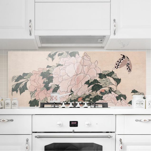 Decoración de cocinas Katsushika Hokusai - Pink Peonies With Butterfly