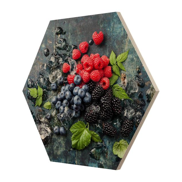 Hexagon Bild Holz - Beerenmischung mit Eiswürfeln Holz