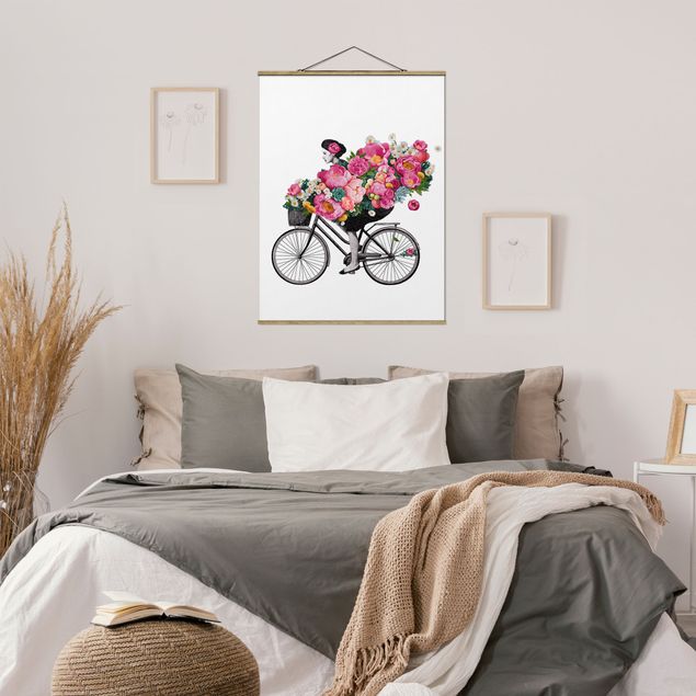 Cuadros de flores Illustration Woman On Bicycle Collage Colourful Flowers