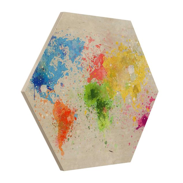 Hexagon Bild Holz - Bunte Farbspritzer Weltkarte
