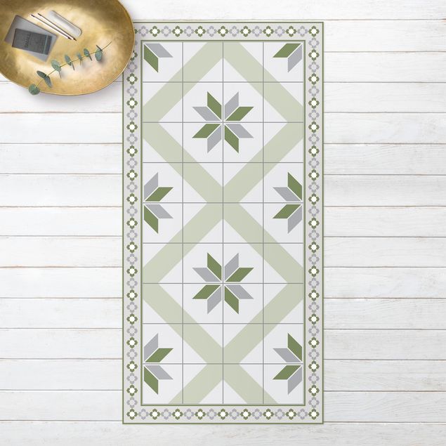 Alfombra exterior Geometrical Tiles Rhombic Flower Olive Green With narrow Border