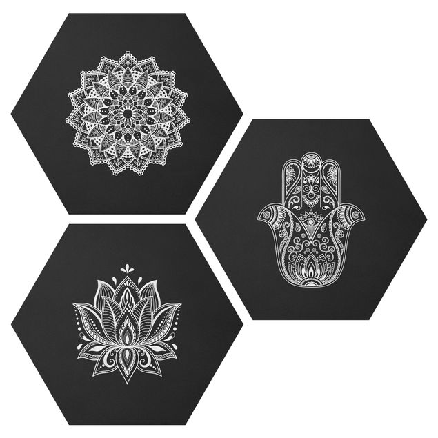 Cuadros espirituales  Mandala Hamsa Hand Lotus Set On Black