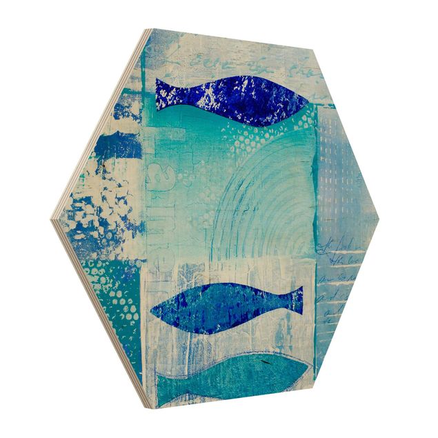 Hexagon Bild Holz - Fish in the Blue
