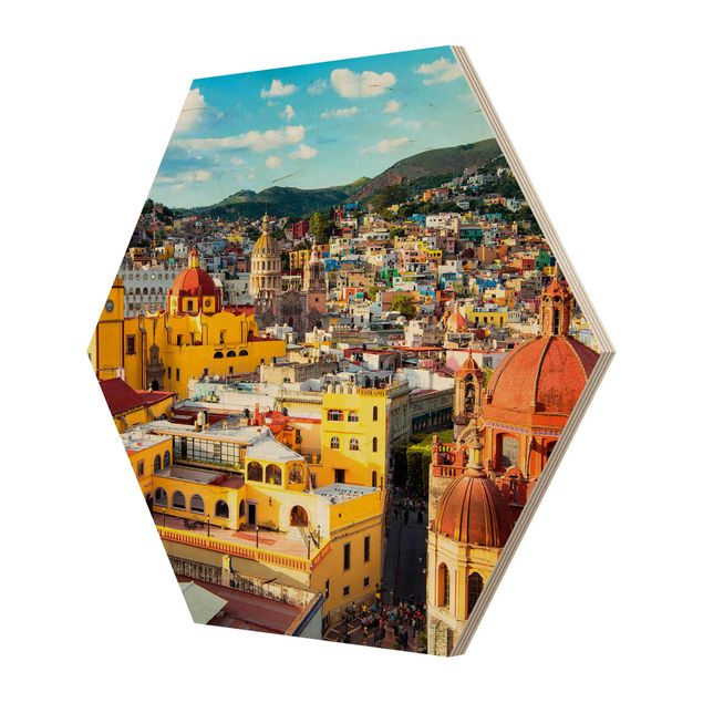 Hexagon Bild Holz - Bunte Häuser Guanajuato