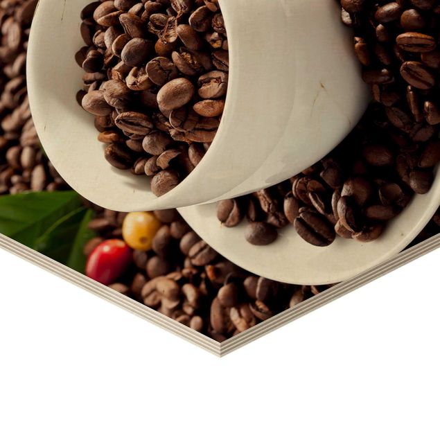Hexagon Bild Holz - Kaffeetasse mit gerösteten Kaffeebohnen