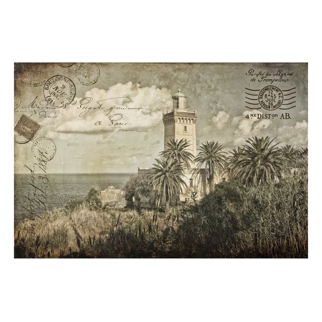 Cuadros paisajes Vintage Postcard With Lighthouse And Palm Trees