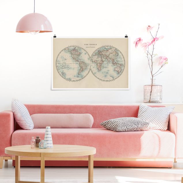 Póster mapamundi Vintage World Map The Two Hemispheres