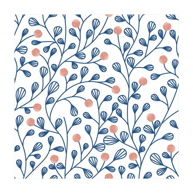 Alfombra jungla Blue Plant Pattern With Dots In LIght Pink