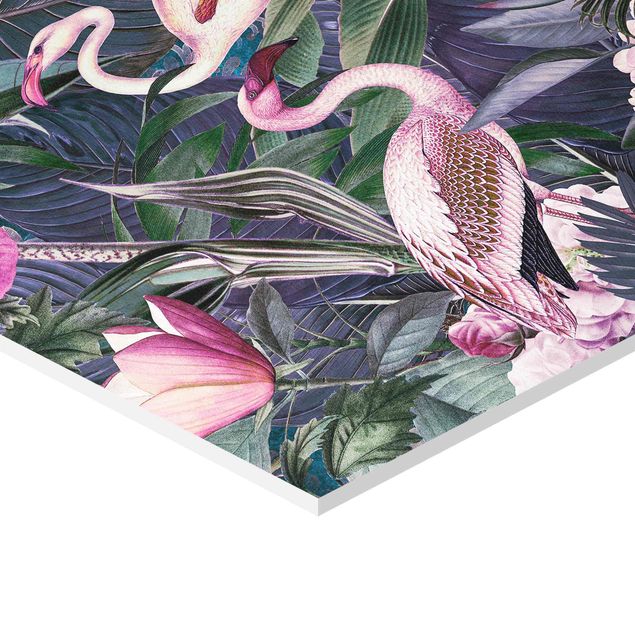 cuadros hexagonales Colorful Collage - Pink Flamingos In The Jungle