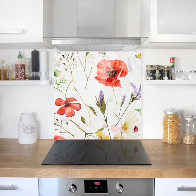 Panel antisalpicaduras cocina flores Ladybird With Poppies In Watercolour