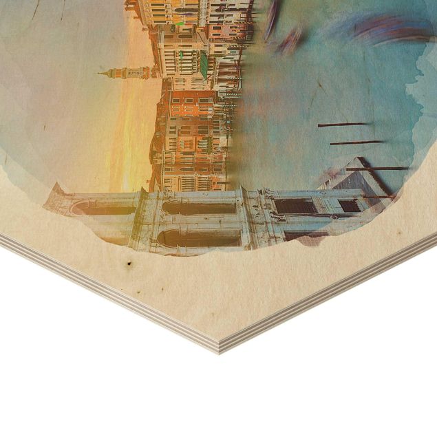 Hexagon Bild Holz - Wasserfarben - Canale Grande Blick von der Rialtobrücke Venedig