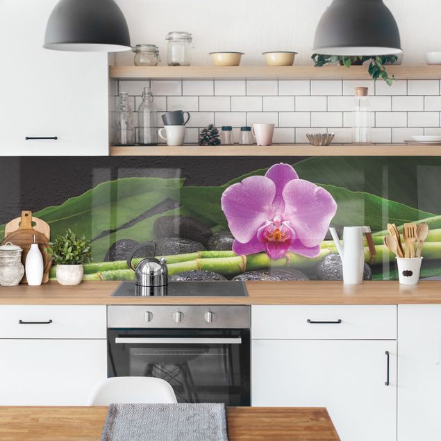Salpicaderos de cocina efecto piedra Green Bamboo With Orchid Flower