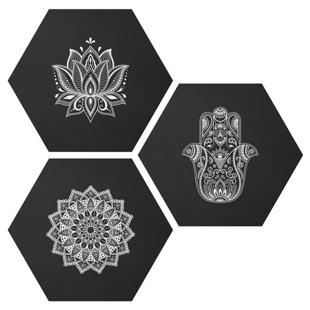 Cuadros zen Mandala Hamsa Hand Lotus Set On Black