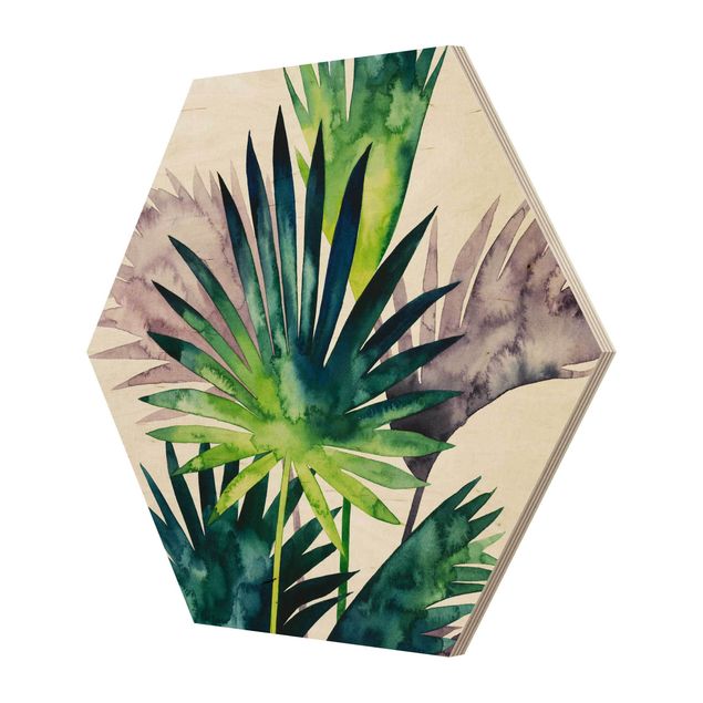 Hexagon Bild Holz - Exotisches Blattwerk - Fächerpalme