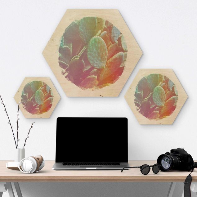 Hexagon Bild Holz - Wasserfarben - Feigenkaktus