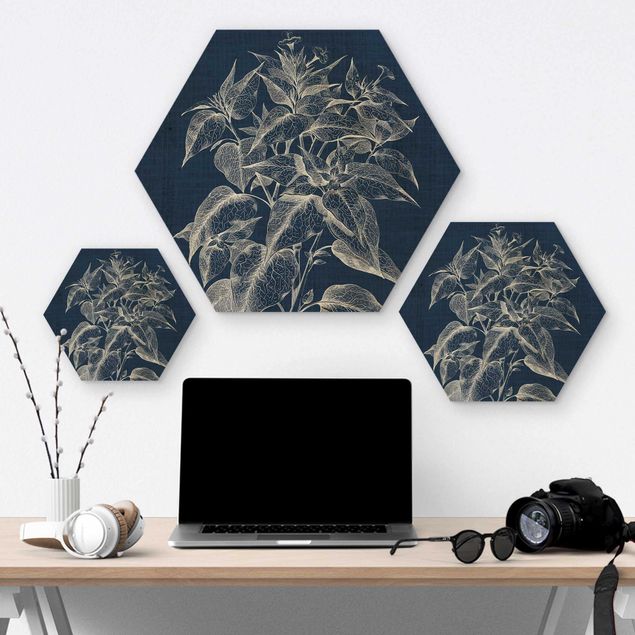 Hexagon Bild Holz - Denim Pflanzenstudie III