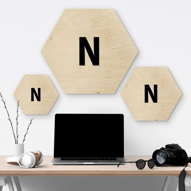 Hexagon Bild Holz - Buchstabe Weiß N