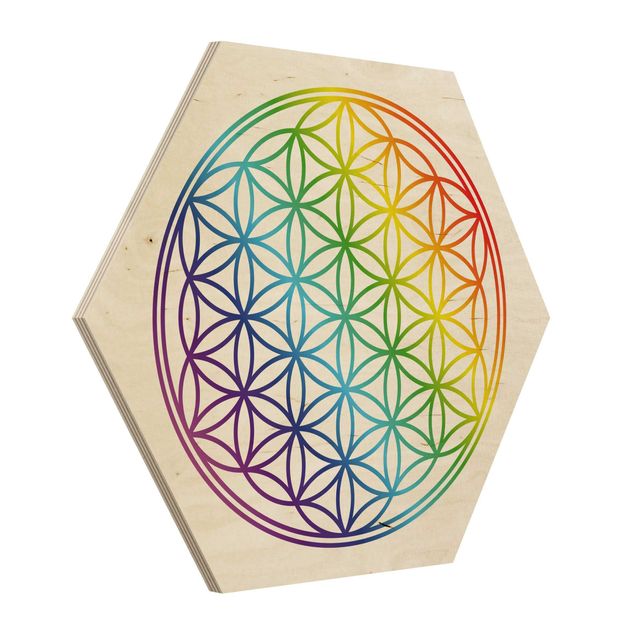 Hexagon Bild Holz - Blume des Lebens Regenbogenfarbe