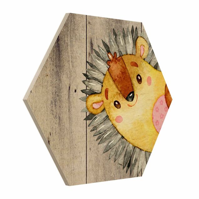 Cuadros infantiles animales Watercolor Hedgehog On Wood
