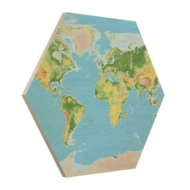 Hexagon Bild Holz - Physische Weltkarte