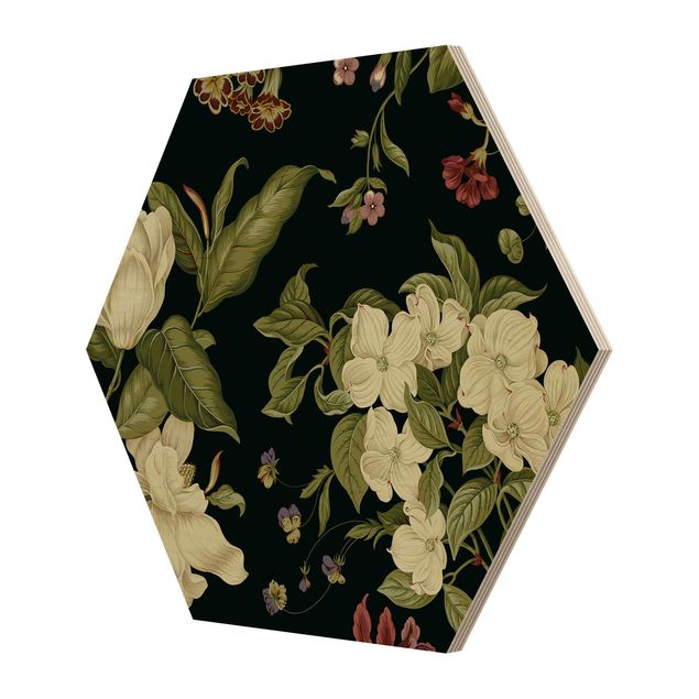 Hexagon Bild Holz - Gartenblumen auf Schwarz I