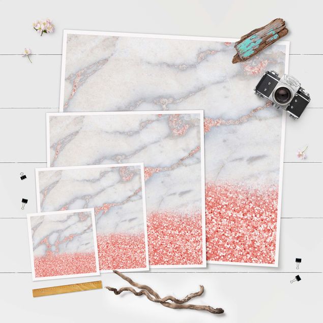 Pósters Marble Look With Pink Confetti