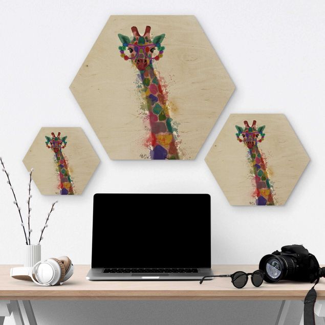 Hexagon Bild Holz - Regenbogen Splash Giraffe