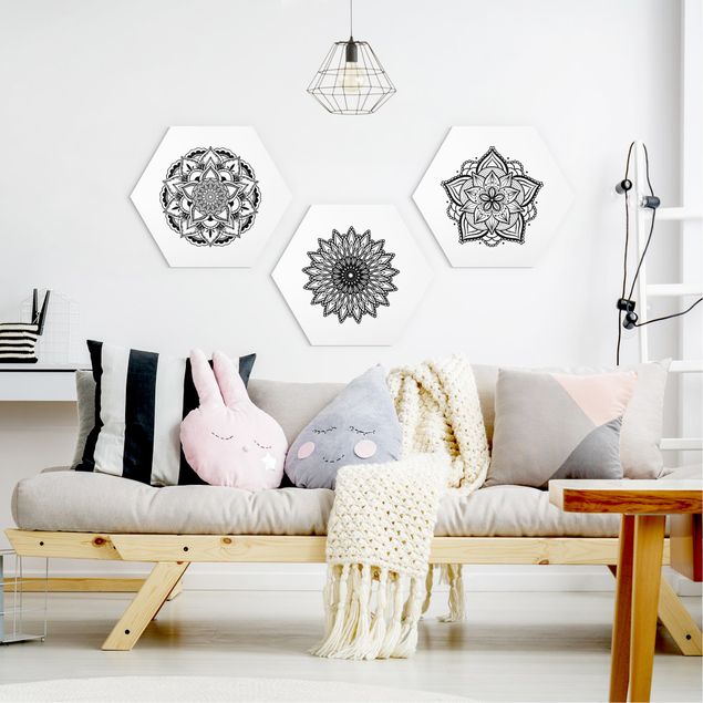Cuadros de patrones Mandala Flower Sun Illustration Set Black And White