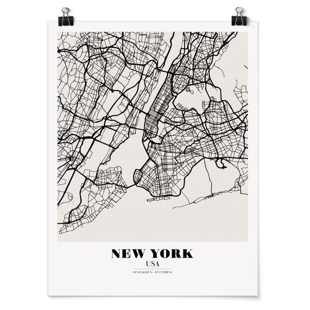 Pósters en blanco y negro New York City Map - Classic