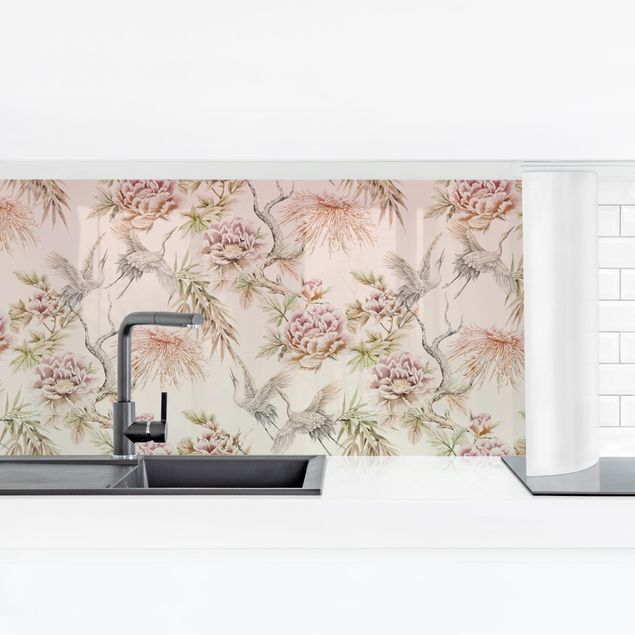 Küchenrückwand - Aquarell Vögel mit großen Blüten in Ombre
