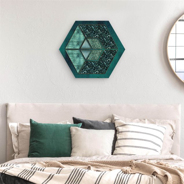 Láminas de cuadros famosos Blue Hexagon With Gold Outline