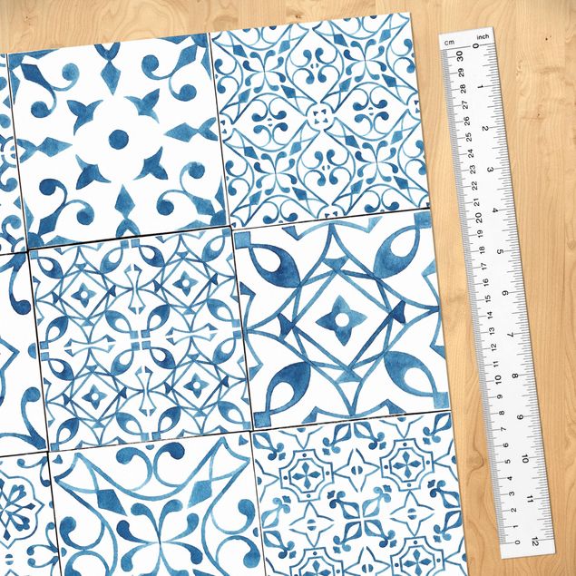 Láminas adhesivas en azul Patterned Tiles Blue White
