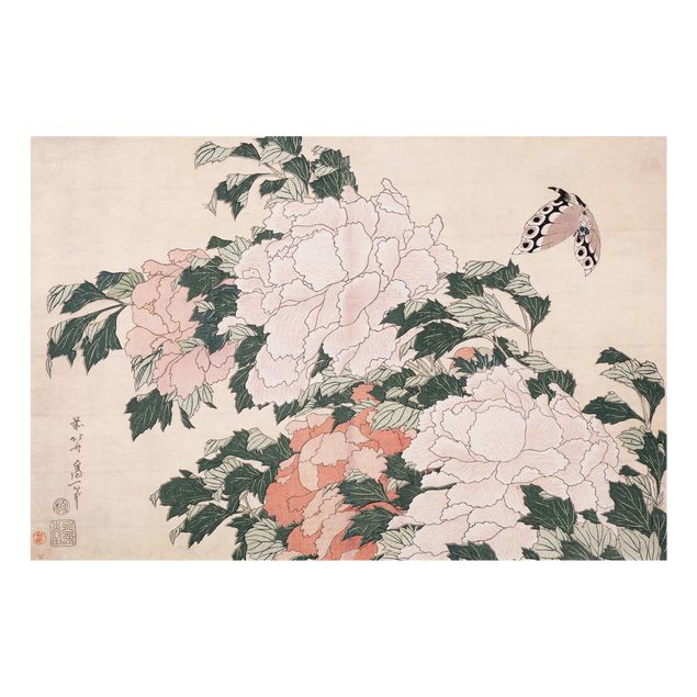 Panel antisalpicaduras cocina flores Katsushika Hokusai - Pink Peonies With Butterfly