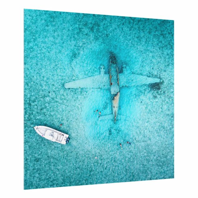 Spritzschutz Glas - Top View Flugzeugwrack im Meer - Quadrat 1:1