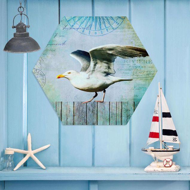Decoración en la cocina Vintage Collage - Seagull On Wooden Planks