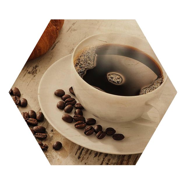 Hexagon Bild Holz - Dampfende Kaffeetasse mit Kaffeebohnen