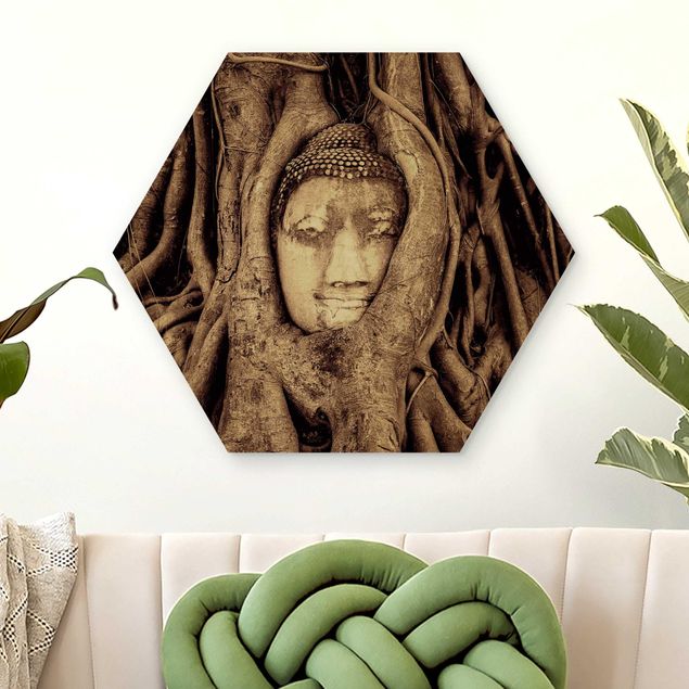 Decoración cocina Buddha In Ayutthaya Lined From Tree Roots In Brown