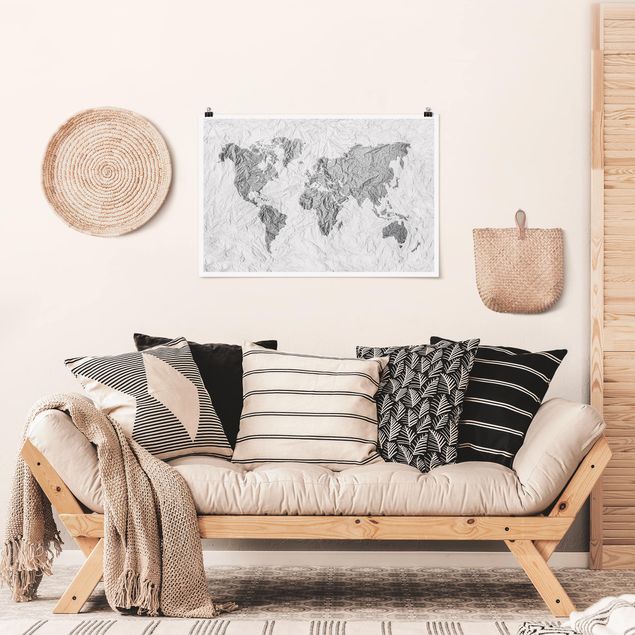 Láminas blanco y negro para enmarcar Paper World Map White Grey