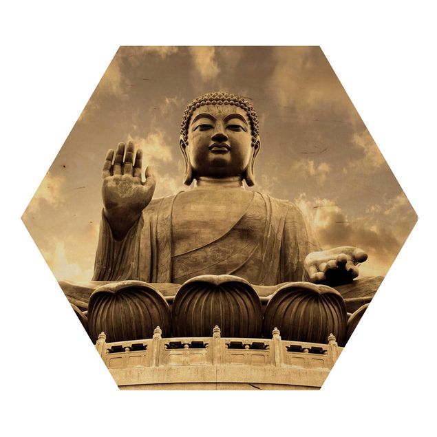 Hexagon Bild Holz - Großer Buddha Sepia